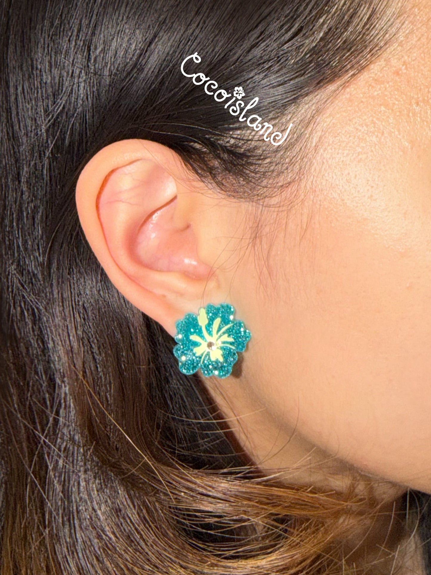 Pink & Blue Sparkly Hibiscus Earrings