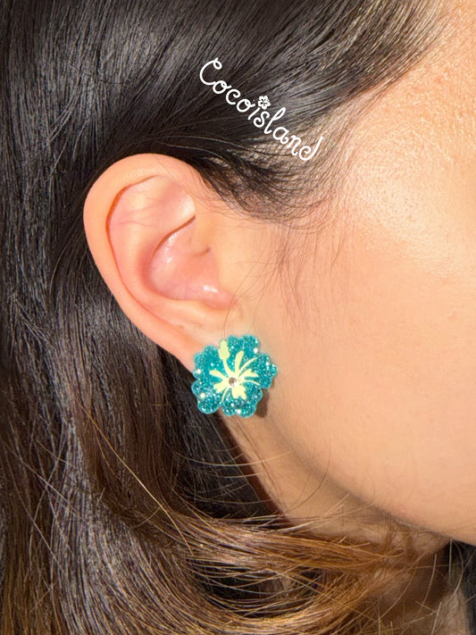 Pink & Blue Sparkly Hibiscus Earrings