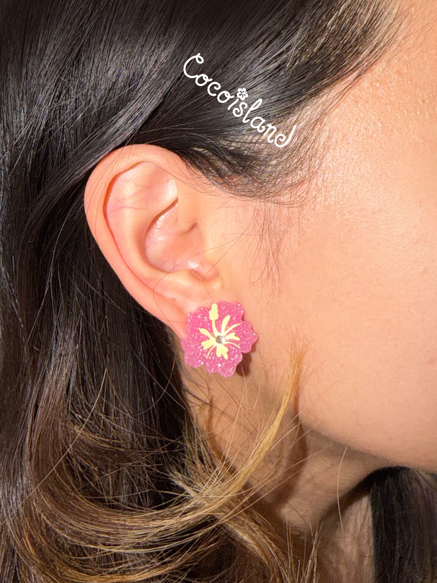 Pink & Blue Sparkly Hibiscus Earrings