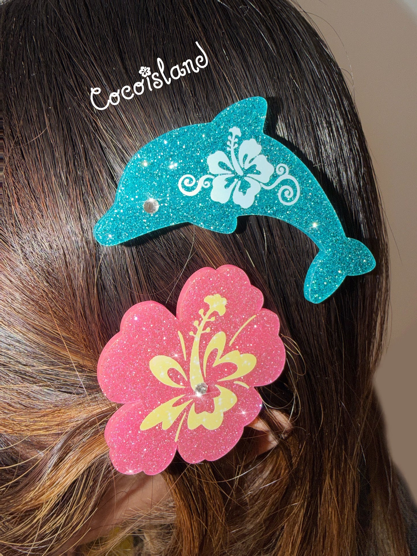 Dolphin & Hibiscus Rhinestone Hair Clip