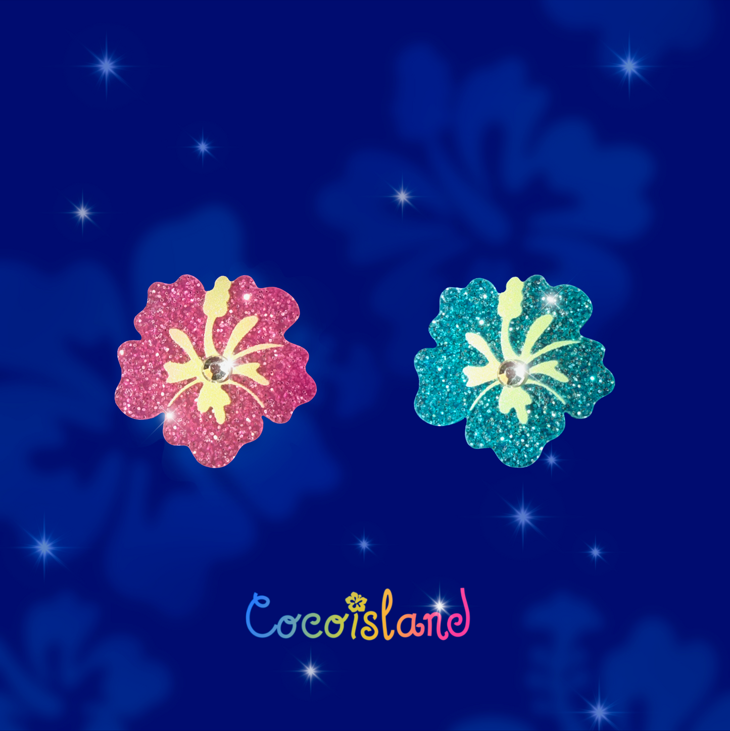 Pink & Blue Sparkly Hibiscus Earrings