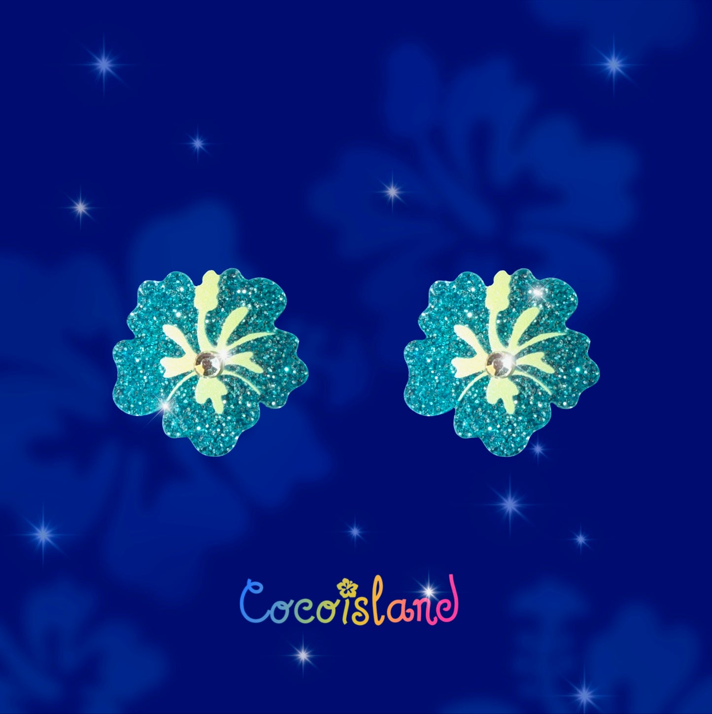 Pink & Blue Sparkly Hibiscus Earrings