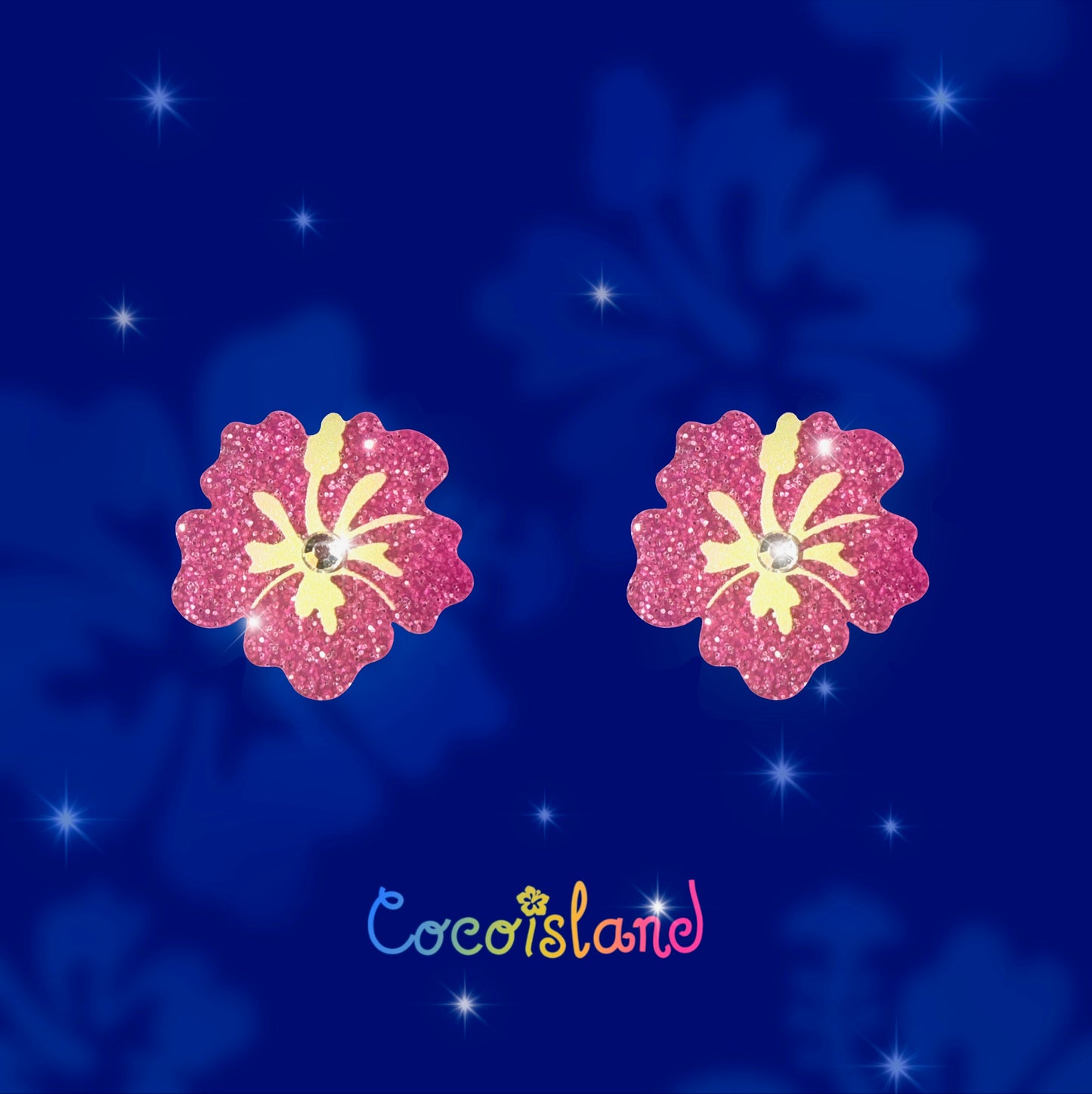 Pink & Blue Sparkly Hibiscus Earrings