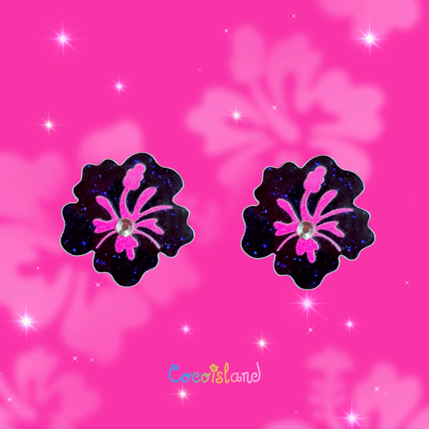 Black&Silver Glitter Hibiscus Earrings