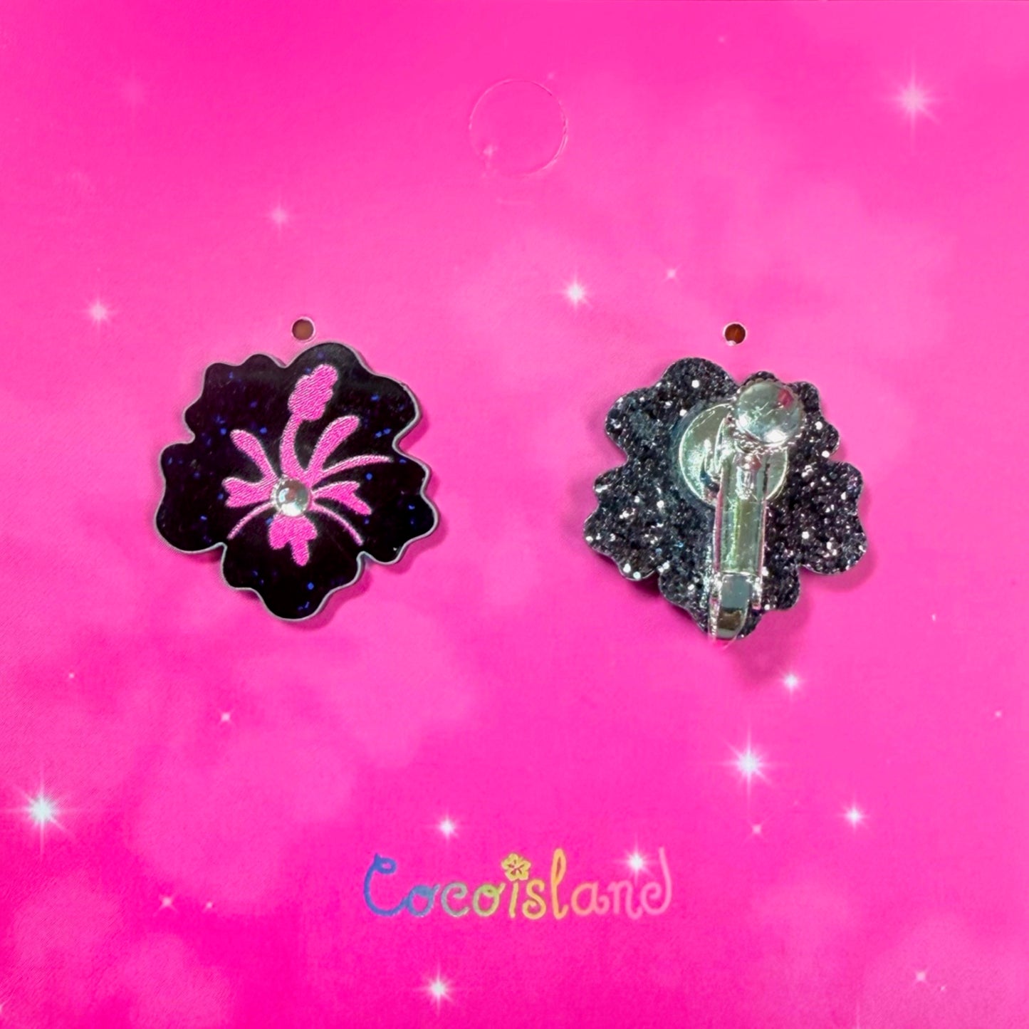 Black&Silver Glitter Hibiscus Earrings