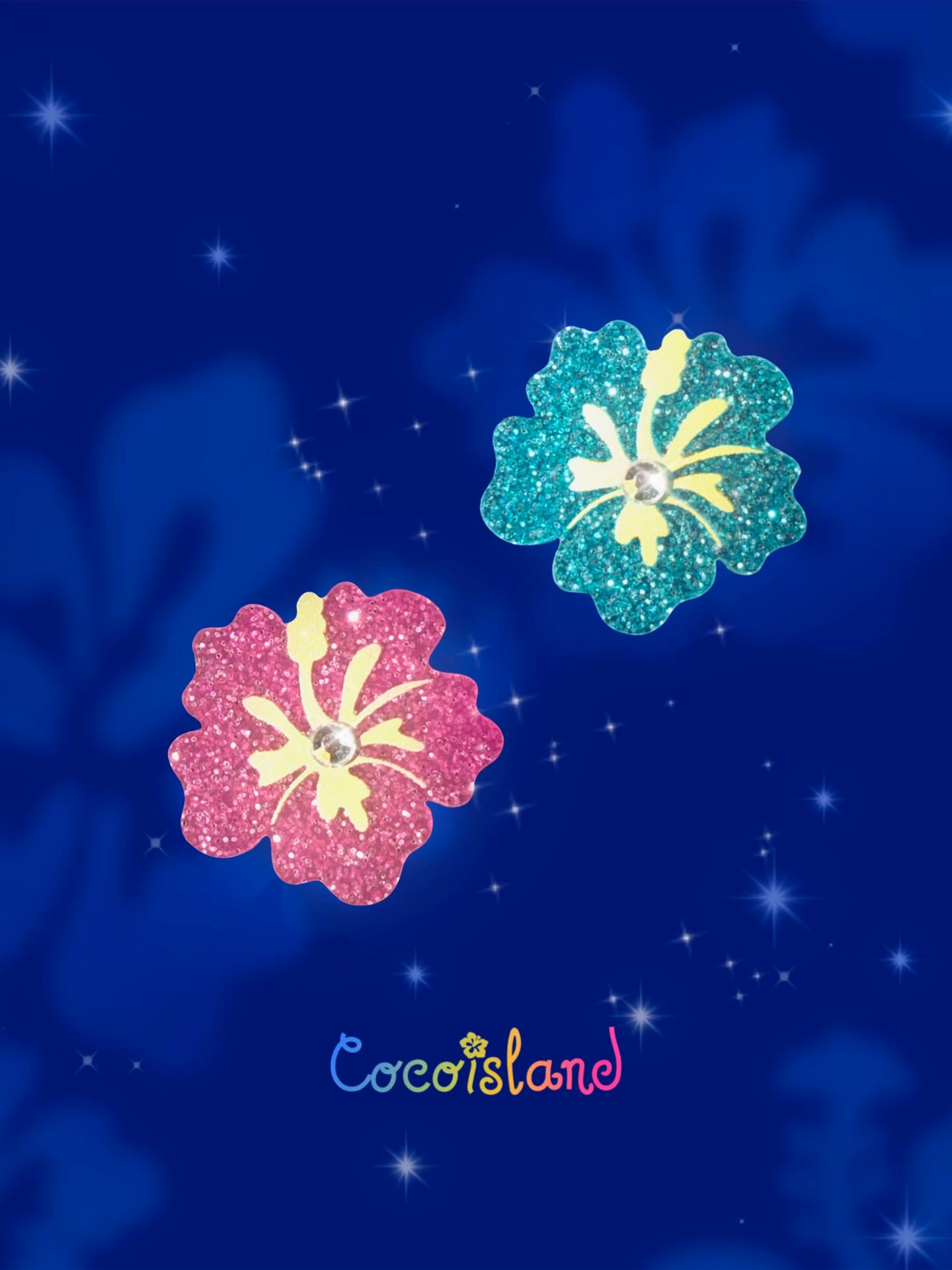 Pink & Blue Sparkly Hibiscus Earrings